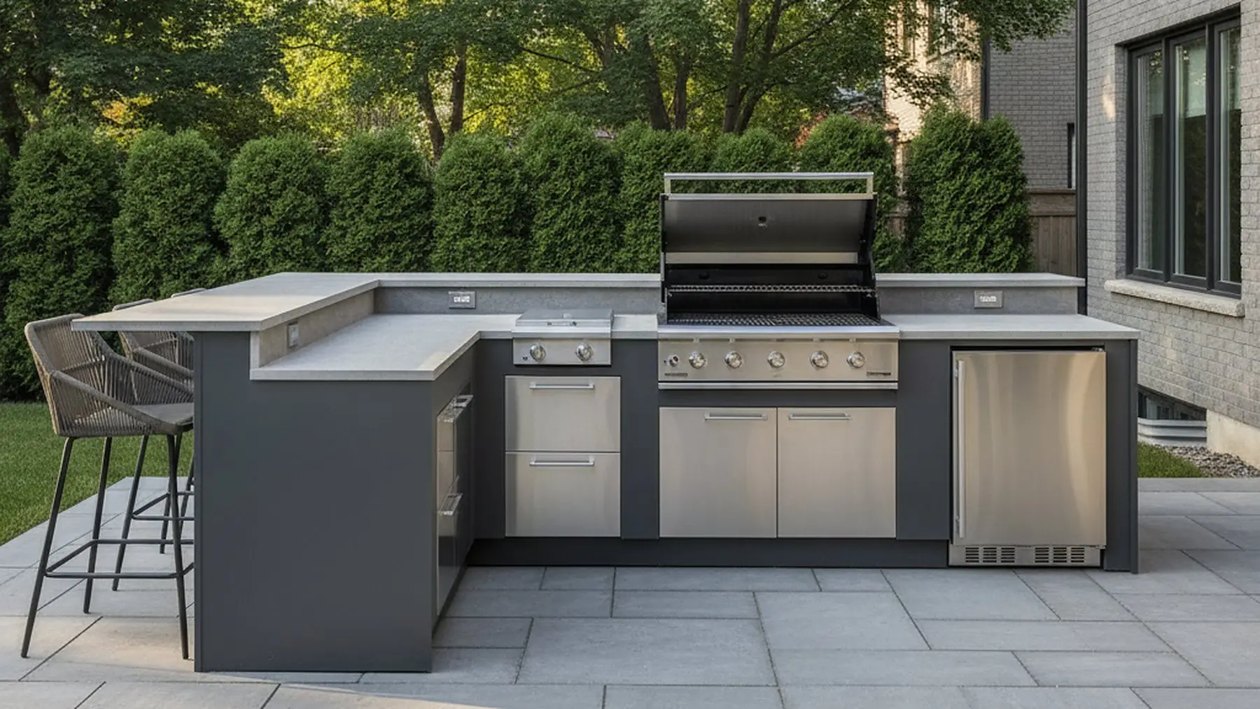 Cuisine extérieure en L avec gril au gaz encastré, comptoir en pierre frittée et comptoir-bar sur une terrasse de dalles de béton au Québec