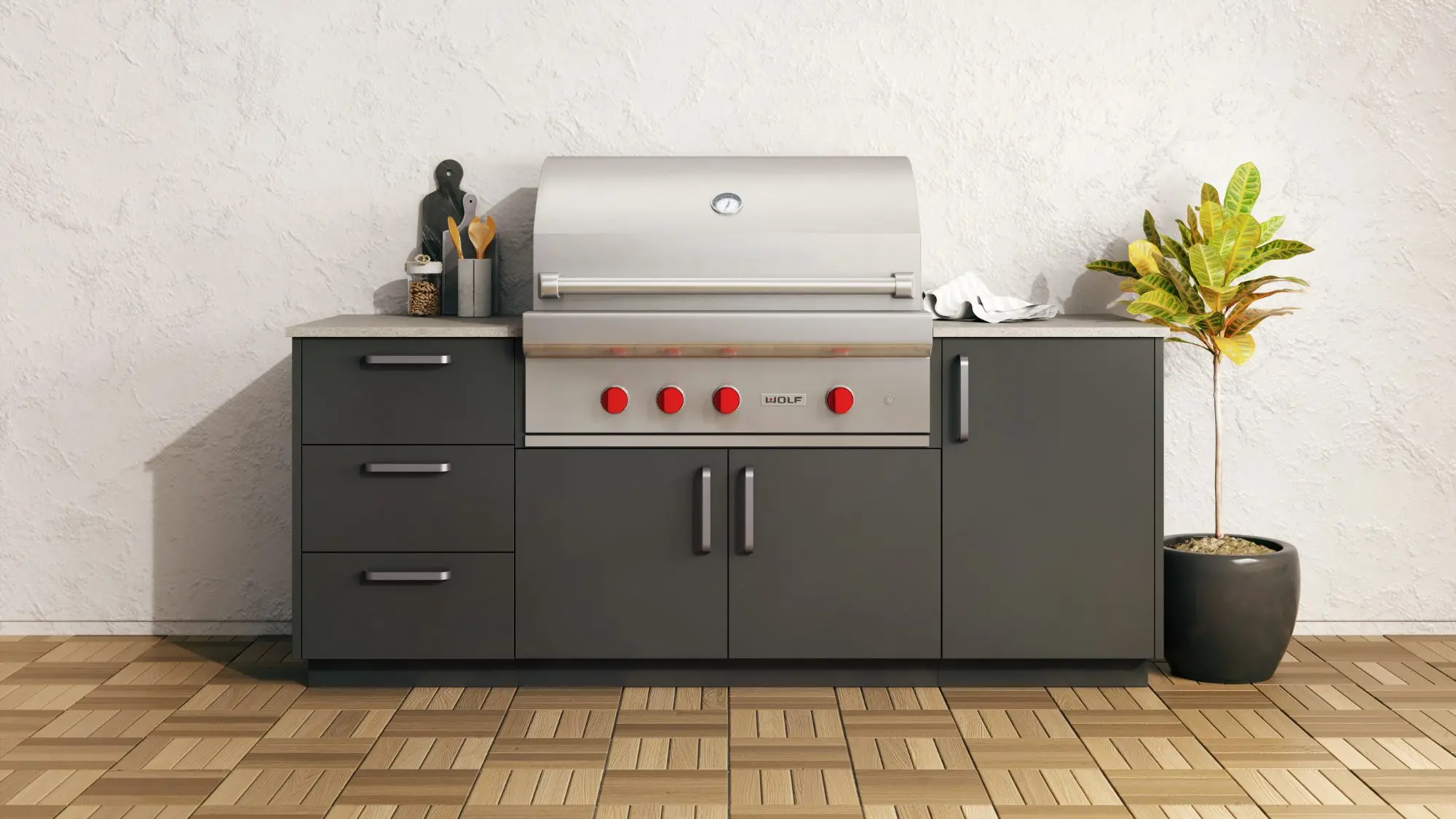 Module de cuisine extérieure compact avec gril au gaz encastré, tiroirs et caissons de rangement à façade gris anthracite