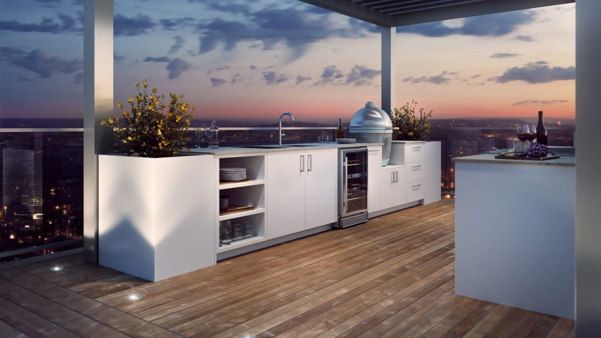 Cuisine extérieure de toit-terrasse avec longs plans de travail en pierre frittée Dekton blanche et évier intégré
