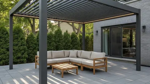 Pergola bioclimatique en aluminium anthracite à lames orientables motorisées au-dessus d'une terrasse de cour arrière au Québec