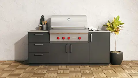 Module de cuisine extérieure compact avec gril au gaz encastré, tiroirs et caissons de rangement à façade gris anthracite